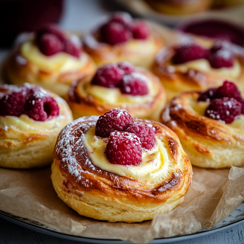 Raspberry Custard Buns (Bringebærsnurrer med vaniljekrem)
