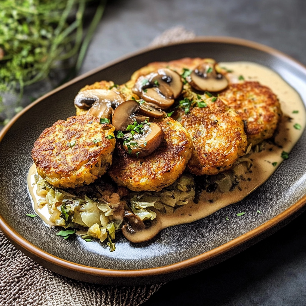 Potato & Cabbage Fritters in Mushroom Sauce
