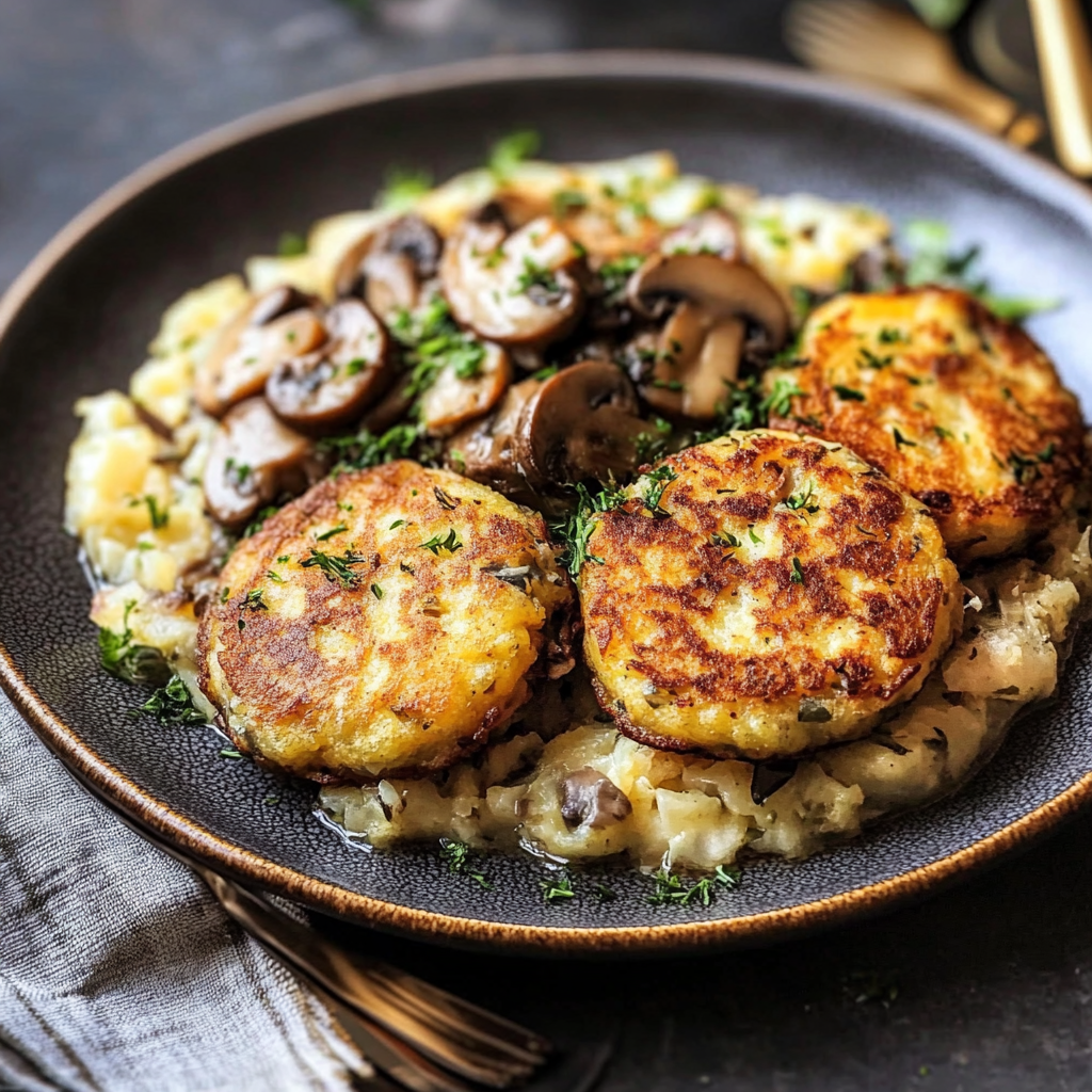 Potato & Cabbage Fritters in Mushroom Sauce