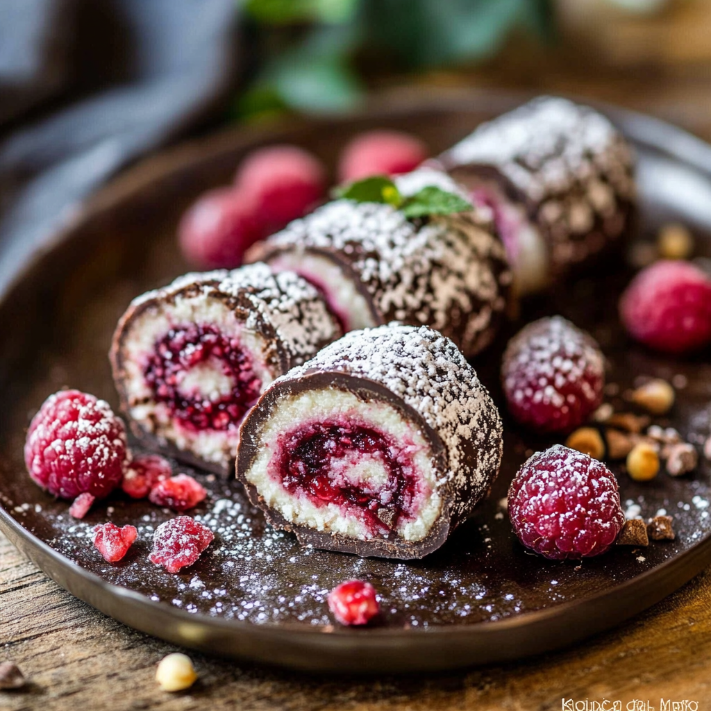 Low Carb Kokos-Schokorolle mit Himbeeren