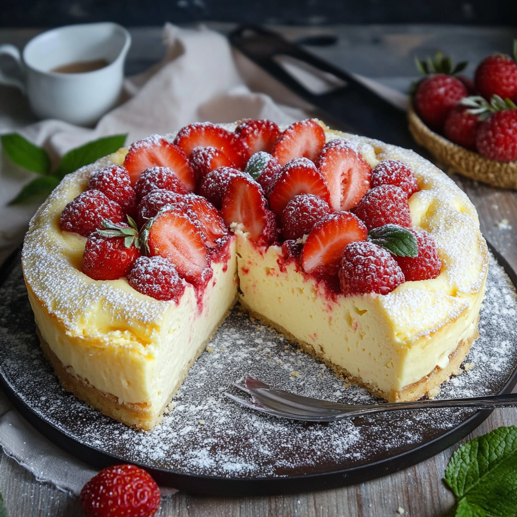 Cremiger Low Carb Käsekuchen mit Puddingpulver und Erdbeeren