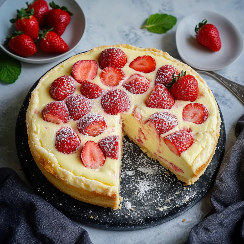 Cremiger Low Carb Käsekuchen mit Puddingpulver und Erdbeeren