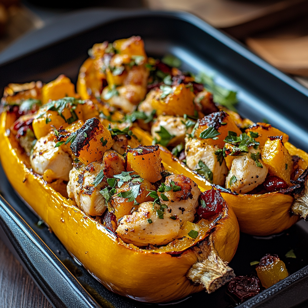 Sweet and Savory Honey Roasted Butternut Squash Stuffed with Chicken